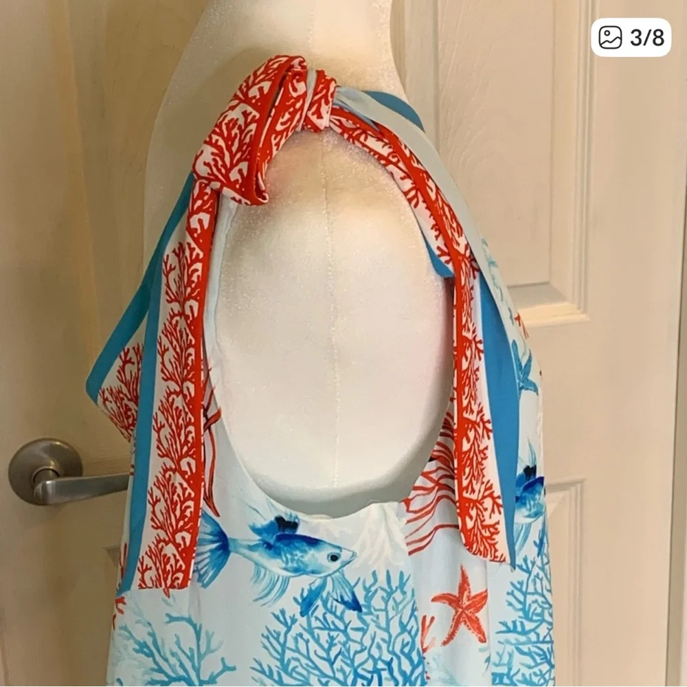 White House Black Market Coral and Blue Bath Wrap - Picture 3 of 6